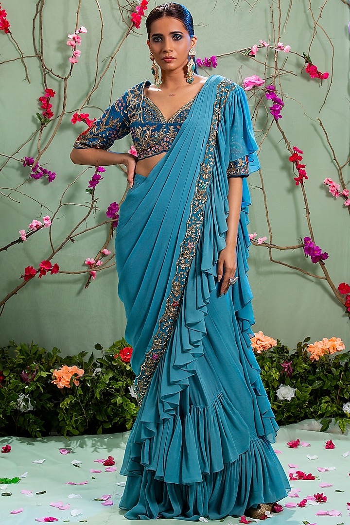 Blue Hand Embroidered Saree Set With Belt by Miku Kumar