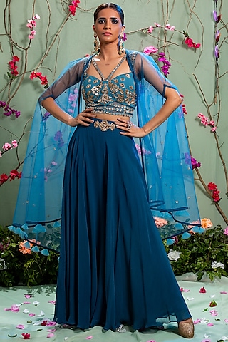 Blue Embroidered Cape Set by Miku Kumar