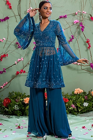 Sea Blue Embroidered Tunic Set by Miku Kumar
