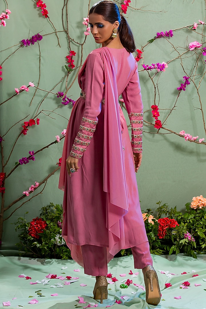 Rose Pink Draped Tunic With Belt by Miku Kumar at Pernia's Pop Up Shop