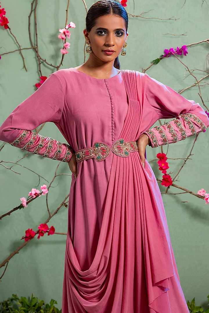 Rose Pink Draped Tunic With Belt by Miku Kumar at Pernia's Pop Up Shop