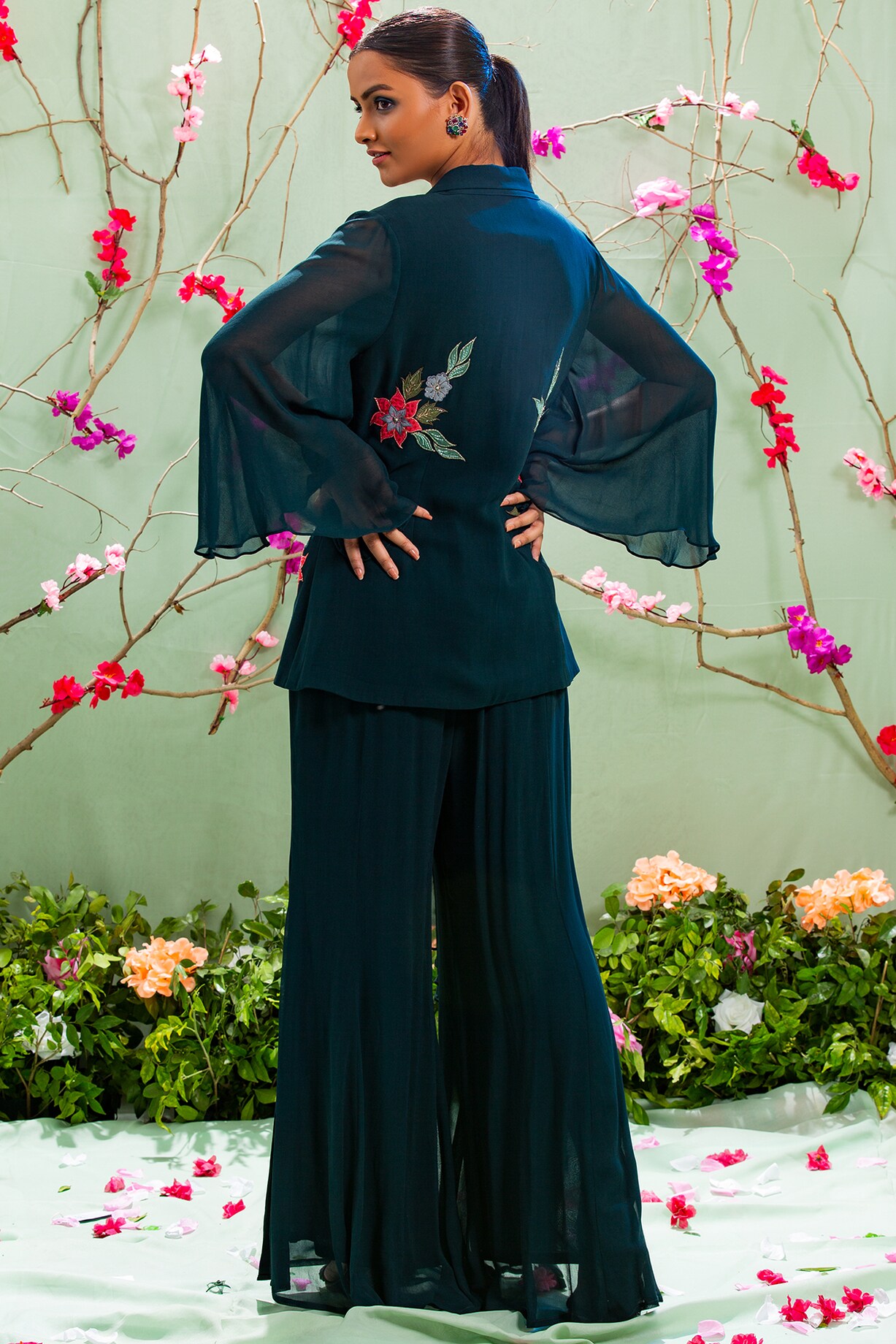 Peacock Blue Embroidered Jacket Set by Miku Kumar at Pernia's Pop