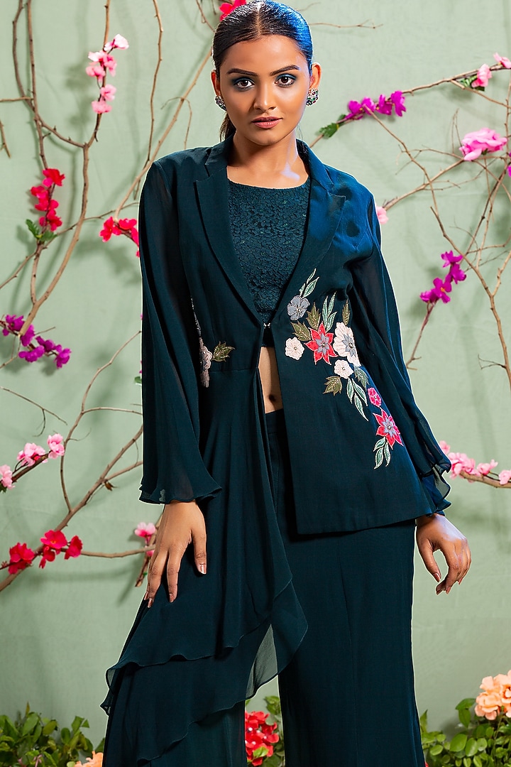 Peacock Blue Embroidered Jacket Set by Miku Kumar at Pernia's Pop Up Shop