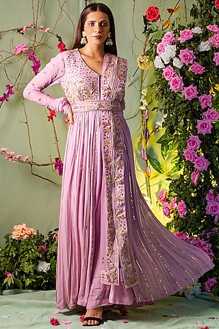 Lavender Embroidered Anarkali Set by Miku Kumar