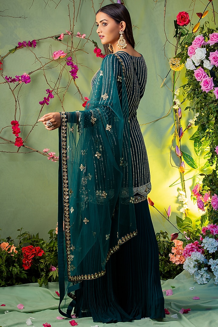 Teal Green Georgette Embroidered Gharara Set by Miku Kumar at Pernia's Pop Up Shop