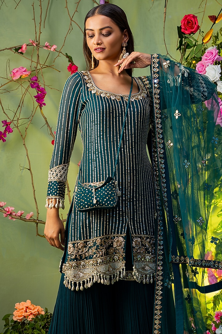 Teal Green Georgette Embroidered Gharara Set by Miku Kumar at Pernia's Pop Up Shop