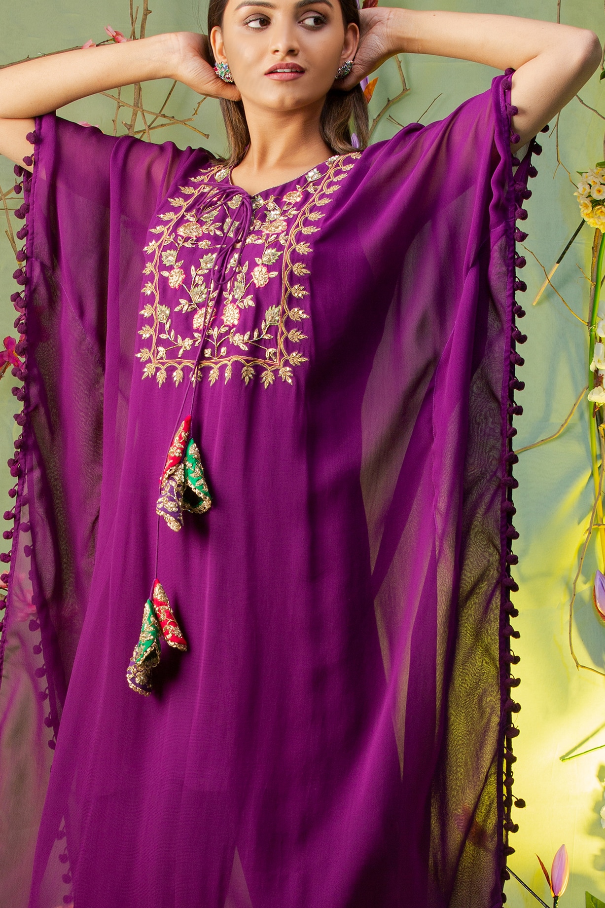 Purple Embroidered Kaftan Set Design by Miku Kumar at Pernia's Pop