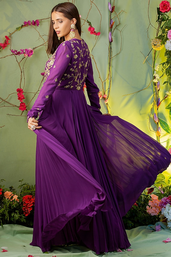 Purple Embroidered Wedding Anarkali Set by Miku Kumar at Pernia's Pop Up Shop