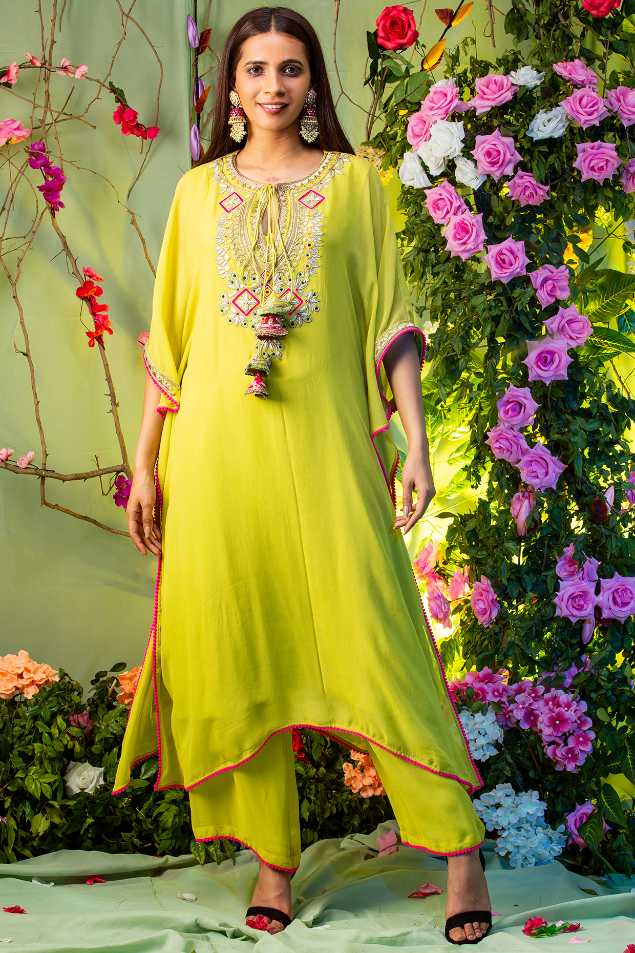 Green Embroidered Kaftan Set by Miku Kumar at Pernia's Pop Up Shop