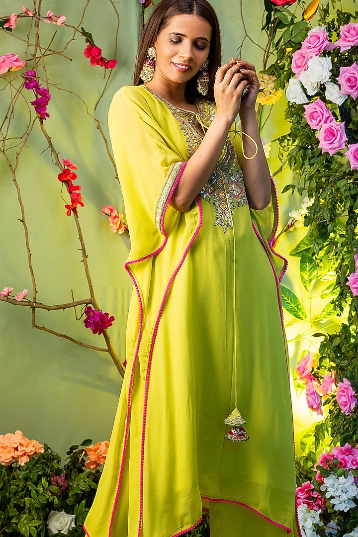 Green Embroidered Kaftan Set by Miku Kumar at Pernia's Pop Up Shop