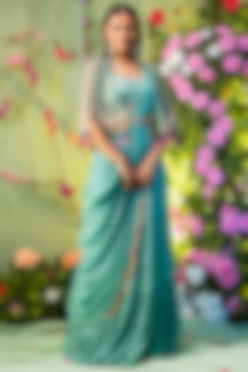 Sea Green Net Cutdana Embroidered Draped Jacket Wedding Lehenga Set by Miku Kumar at Pernia's Pop Up Shop
