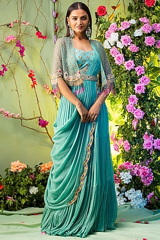 Sea Green Net Cutdana Embroidered Draped Jacket Lehenga Set by Miku Kumar