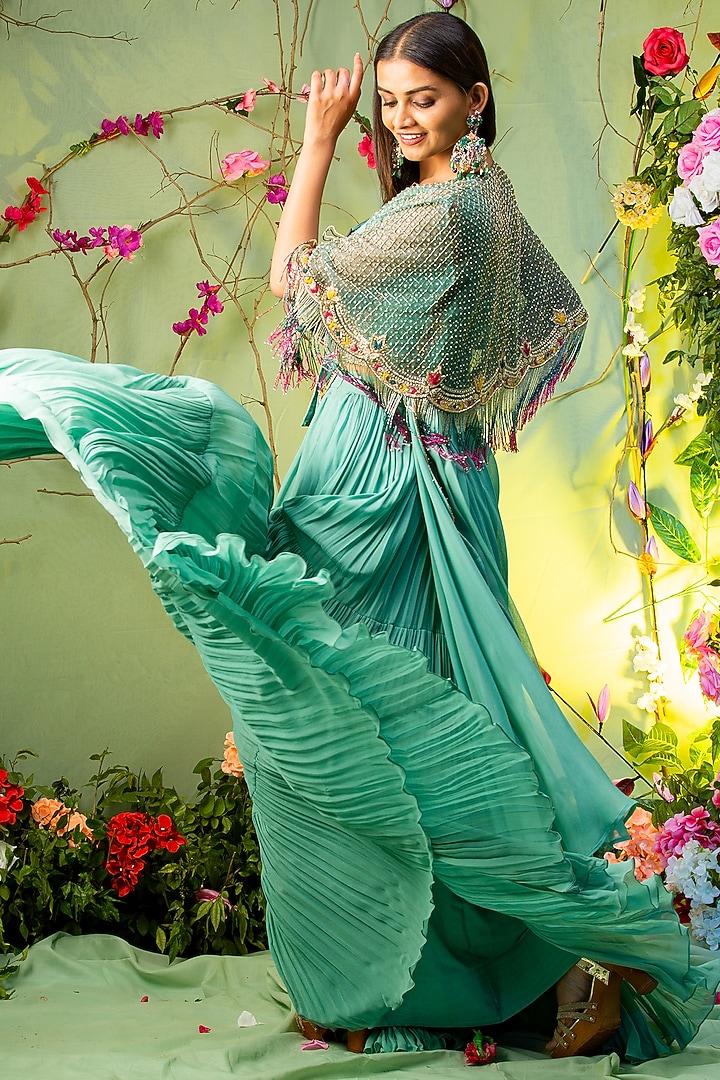 Sea Green Net Cutdana Embroidered Draped Jacket Wedding Lehenga Set by Miku Kumar at Pernia's Pop Up Shop