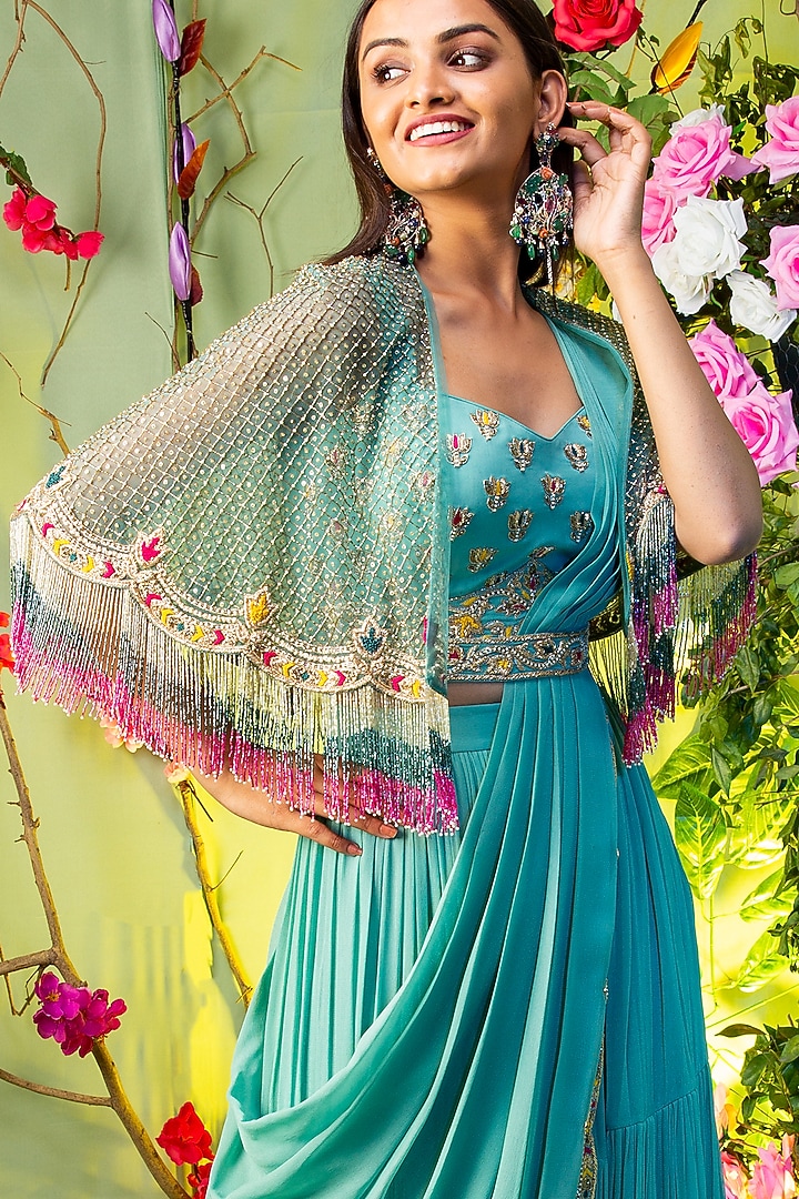Sea Green Net Cutdana Embroidered Draped Jacket Wedding Lehenga Set by Miku Kumar at Pernia's Pop Up Shop