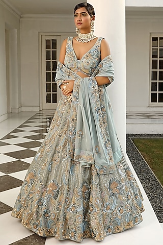 Steel Grey Silk & Satin Organza Embroidered Lehenga Set by Miku Kumar