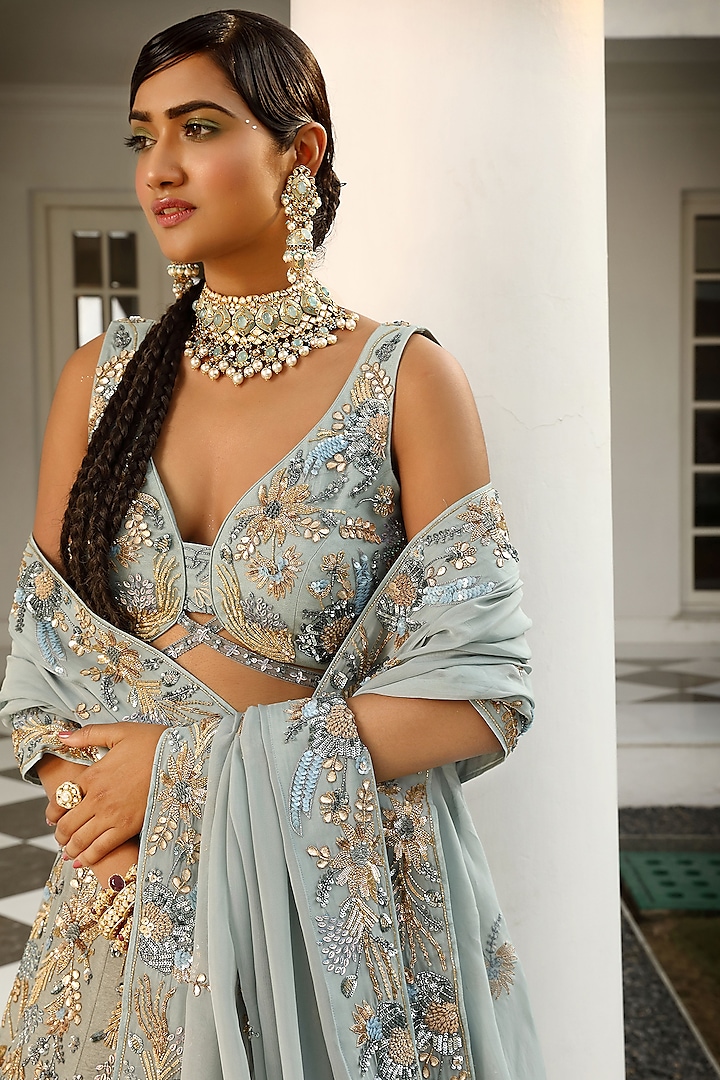 Steel Grey Silk & Satin Organza Embroidered Bridal Lehenga Set by Miku Kumar at Pernia's Pop Up Shop