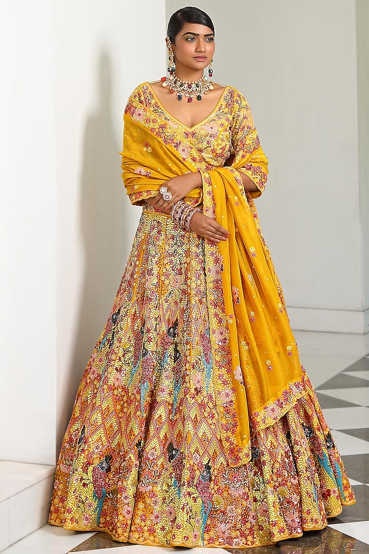 Yellow Silk Embroidered Bridal Lehenga Set by Miku Kumar at Pernia's Pop Up Shop