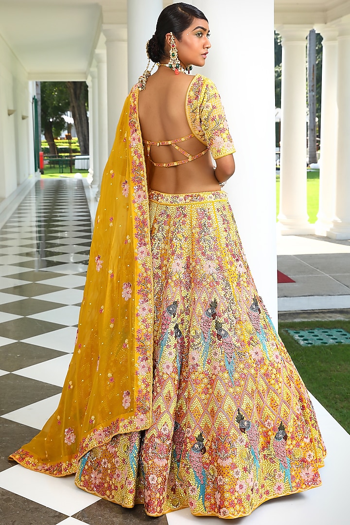 Yellow Silk Embroidered Bridal Lehenga Set by Miku Kumar at Pernia's Pop Up Shop