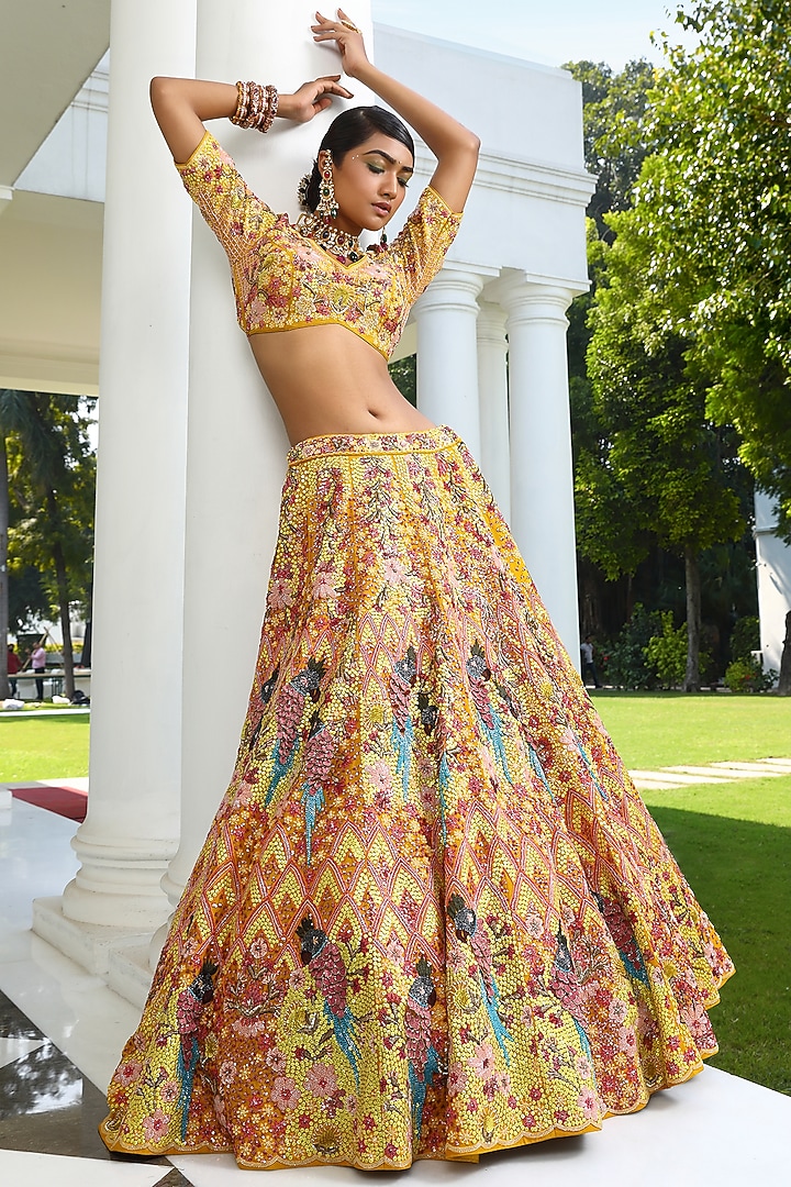 Yellow Silk Embroidered Bridal Lehenga Set by Miku Kumar at Pernia's Pop Up Shop