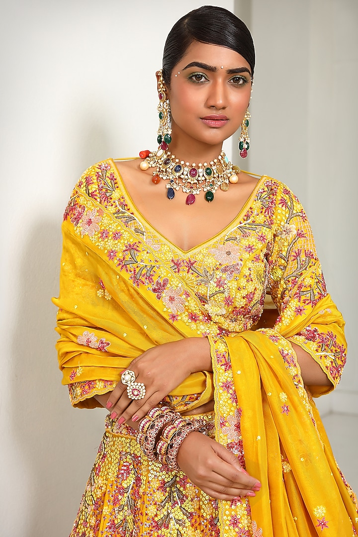 Yellow Silk Embroidered Bridal Lehenga Set by Miku Kumar at Pernia's Pop Up Shop
