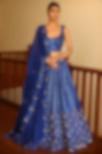 Blue Silk & Satin Organza Embroidered Bridal Lehenga Set by Miku Kumar at Pernia's Pop Up Shop