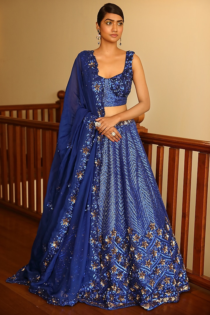 Blue Silk & Satin Organza Embroidered Bridal Lehenga Set by Miku Kumar at Pernia's Pop Up Shop