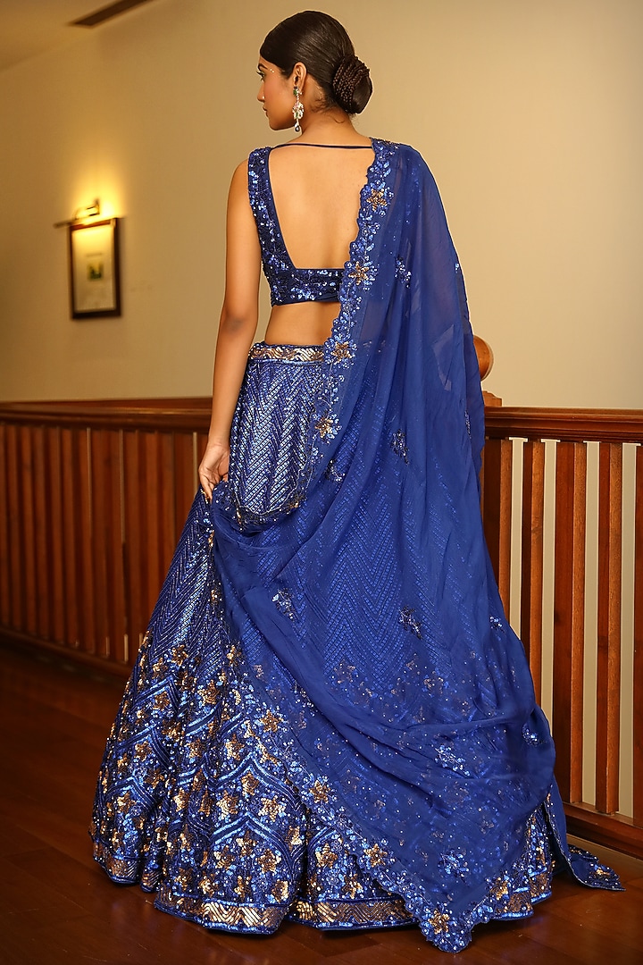 Blue Silk & Satin Organza Embroidered Bridal Lehenga Set by Miku Kumar at Pernia's Pop Up Shop