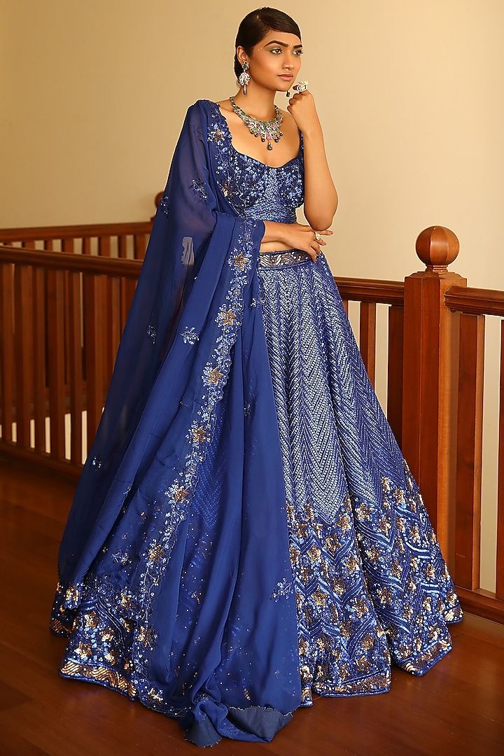Blue Silk & Satin Organza Embroidered Bridal Lehenga Set by Miku Kumar at Pernia's Pop Up Shop