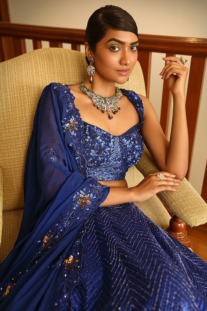 Blue Silk & Satin Organza Embroidered Bridal Lehenga Set by Miku Kumar at Pernia's Pop Up Shop