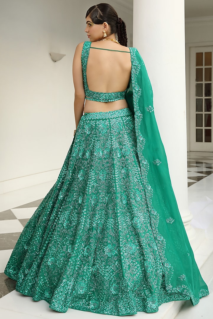 Green Silk & Satin Organza Embroidered Bridal Lehenga Set by Miku Kumar at Pernia's Pop Up Shop