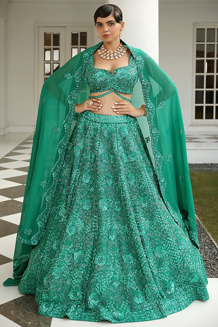 Green Silk & Satin Organza Embroidered Bridal Lehenga Set by Miku Kumar at Pernia's Pop Up Shop