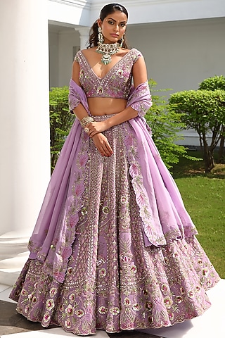 Lavender Silk & Satin Organza Embroidered Lehenga Set by Miku Kumar