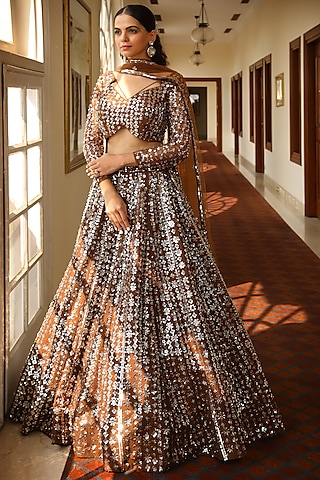 Brown Silk & Satin Organza Embroidered Lehenga Set by Miku Kumar