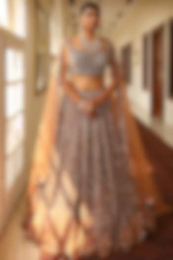 Peach Silk & Satin Organza Embroidered Wedding Lehenga Set by Miku Kumar at Pernia's Pop Up Shop