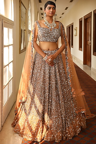 Peach Silk & Satin Organza Embroidered Lehenga Set by Miku Kumar