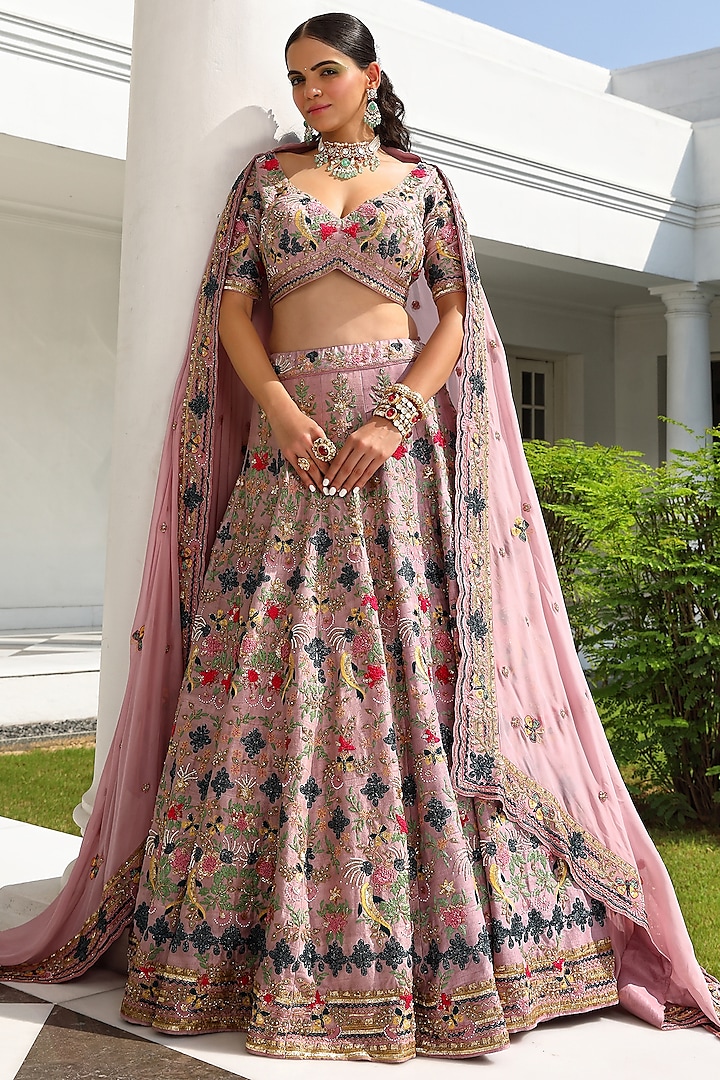 Purple Silk & Satin Organza Embroidered Bridal Lehenga Set by Miku Kumar at Pernia's Pop Up Shop
