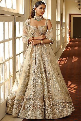 Ivory Silk  Embroidered Lehenga Set by Miku Kumar