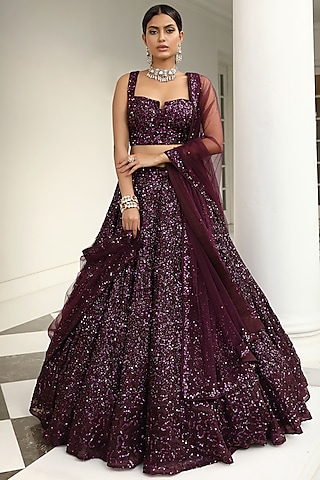 Wine Silk Embroidered Lehenga Set by Miku Kumar