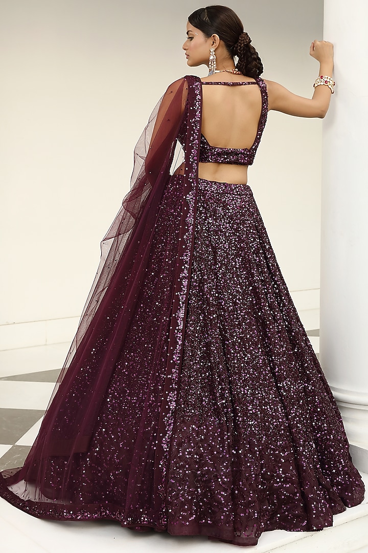 Wine Silk Embroidered Wedding Lehenga Set by Miku Kumar at Pernia's Pop Up Shop