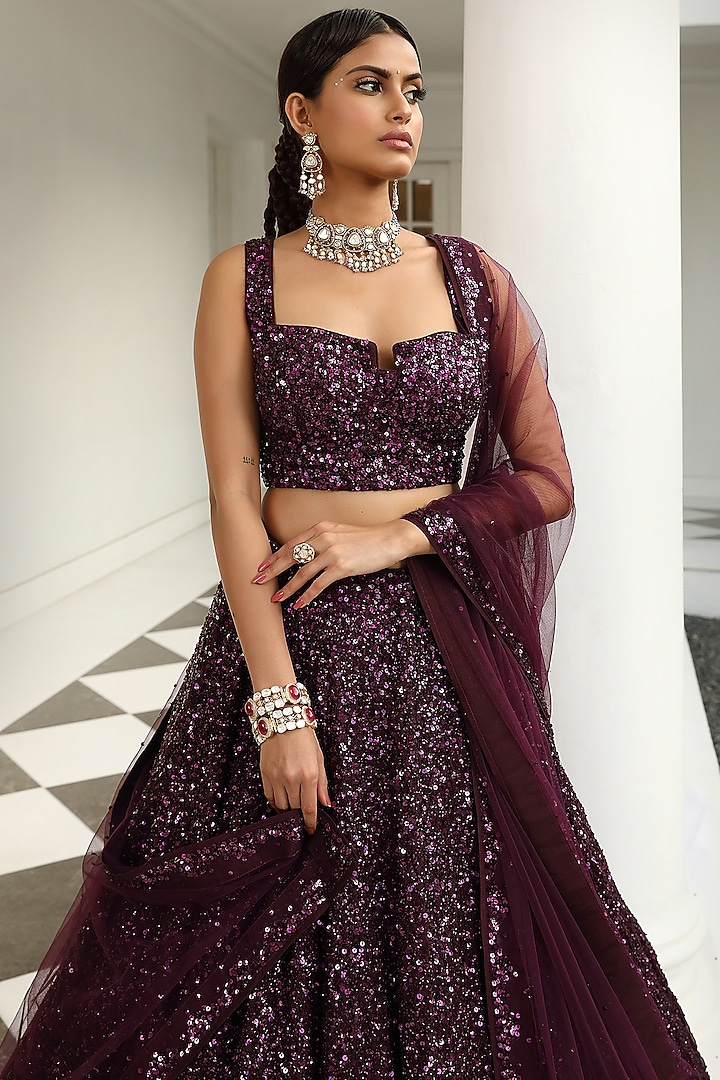 Wine Silk Embroidered Wedding Lehenga Set by Miku Kumar at Pernia's Pop Up Shop