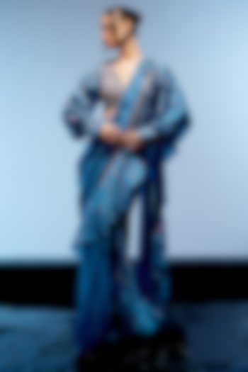 Marine Blue Georgette 3D Hand Embroidered Draped Reception Saree Set by Miku Kumar at Pernia's Pop Up Shop