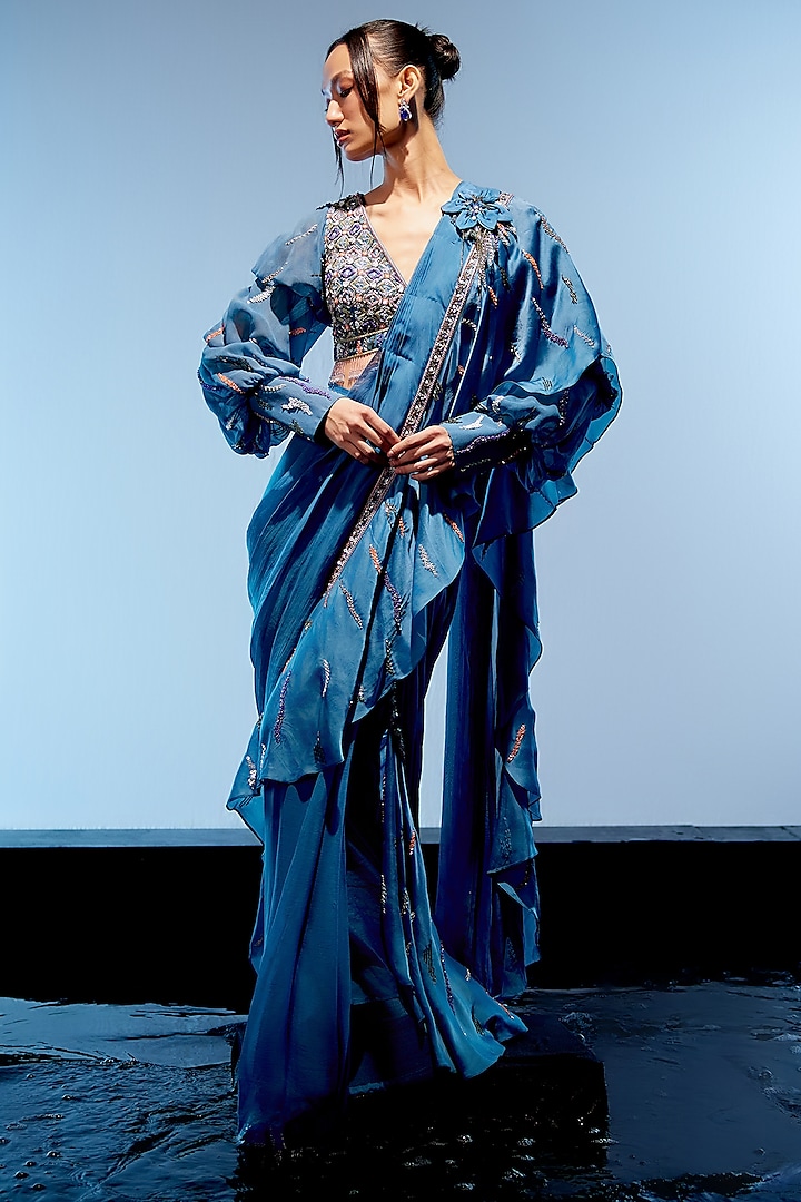 Marine Blue Georgette 3D Hand Embroidered Draped Reception Saree Set by Miku Kumar at Pernia's Pop Up Shop