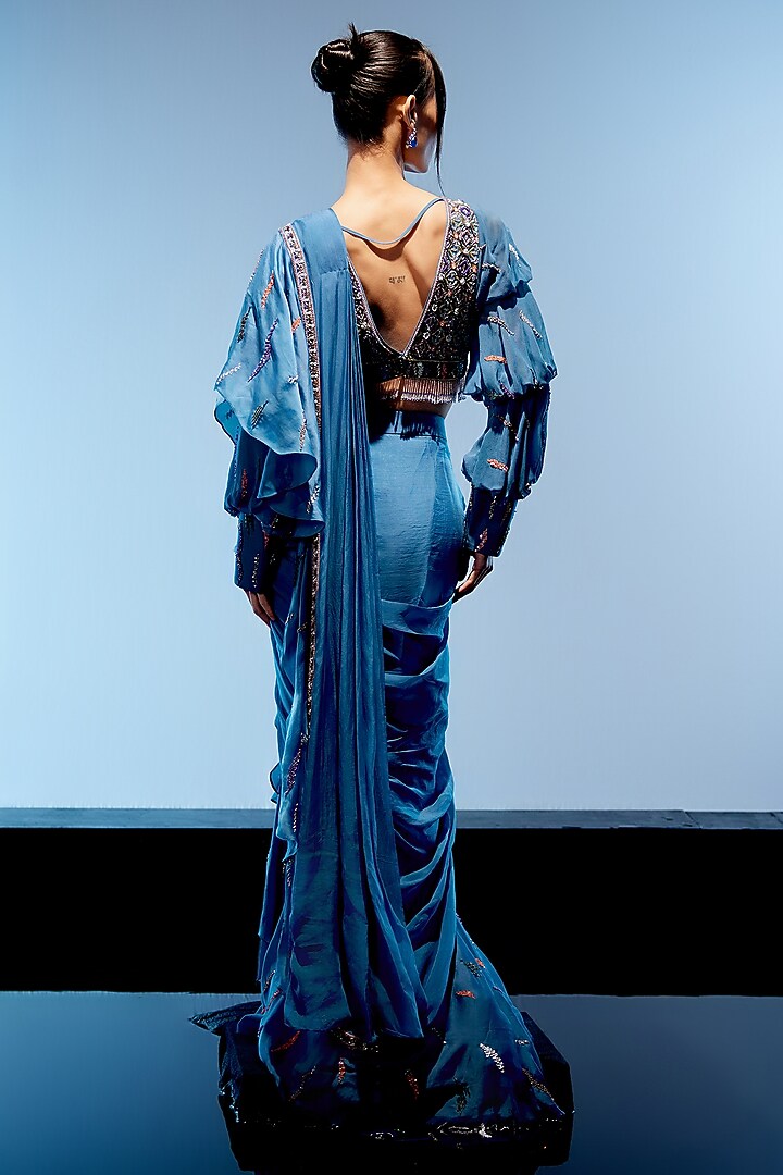 Marine Blue Georgette 3D Hand Embroidered Draped Reception Saree Set by Miku Kumar at Pernia's Pop Up Shop