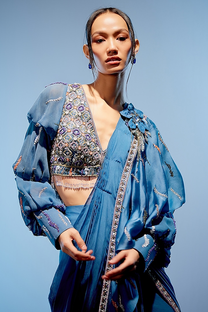 Marine Blue Georgette 3D Hand Embroidered Draped Reception Saree Set by Miku Kumar at Pernia's Pop Up Shop