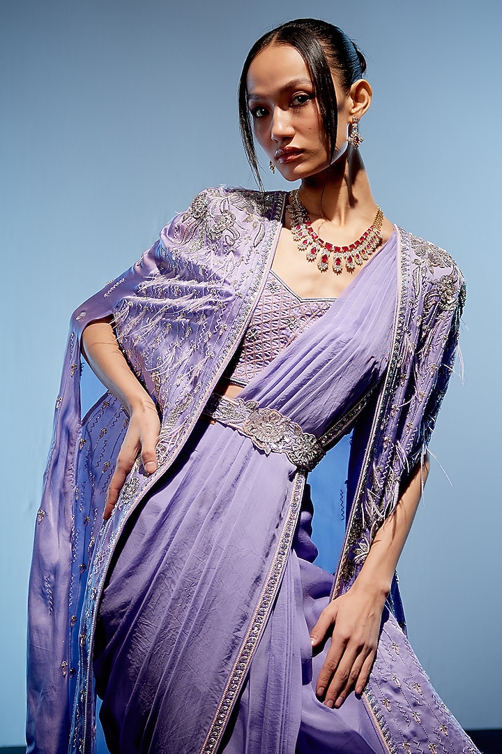Lilac Satin Organza Hand Embroidered Draped Reception Saree Set by Miku Kumar at Pernia's Pop Up Shop