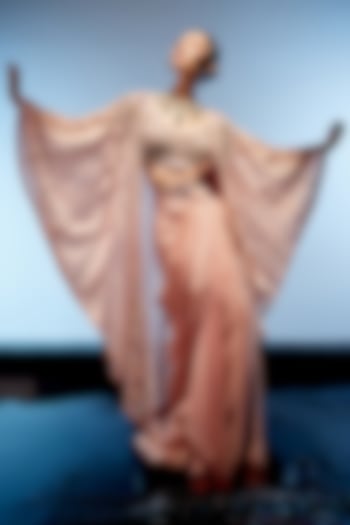 Peach Pink Satin & Organza Hand Embroidered Pre-Draped Reception Saree Set by Miku Kumar at Pernia's Pop Up Shop