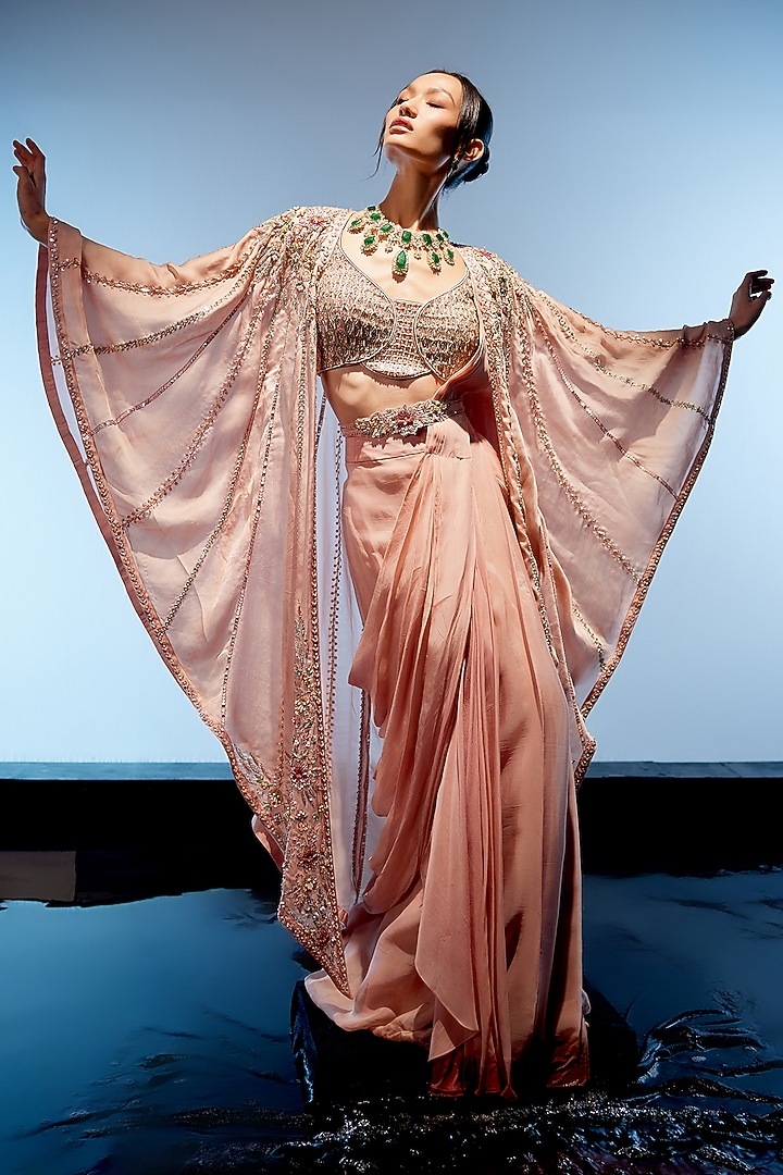 Peach Pink Satin & Organza Hand Embroidered Pre-Draped Reception Saree Set by Miku Kumar at Pernia's Pop Up Shop