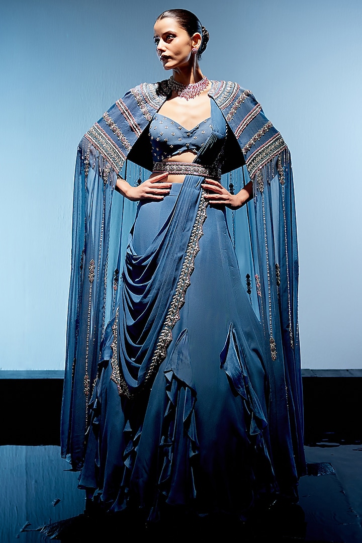 Marine Blue Georgette Hand Embroidered Pre-Draped Reception Saree Set by Miku Kumar at Pernia's Pop Up Shop