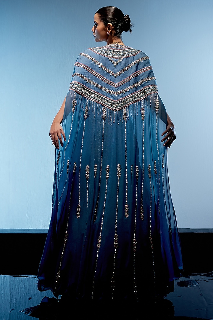 Marine Blue Georgette Hand Embroidered Pre-Draped Reception Saree Set by Miku Kumar at Pernia's Pop Up Shop