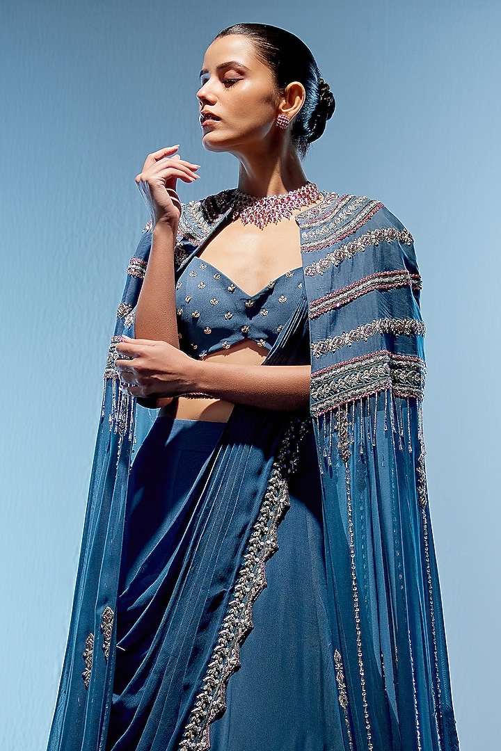 Marine Blue Georgette Hand Embroidered Pre-Draped Reception Saree Set by Miku Kumar at Pernia's Pop Up Shop